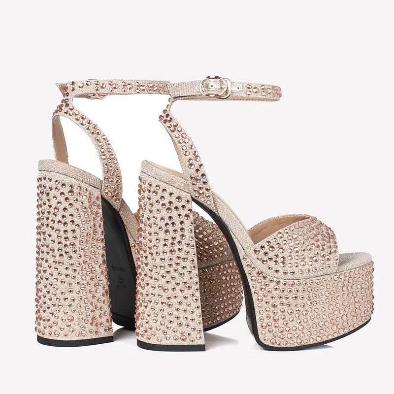 Arden Furtado Women's Summer Sandals Round Toe Waterproof Platform Super High Heel Crystal Embellished Dinner Word-Cingulate Lar