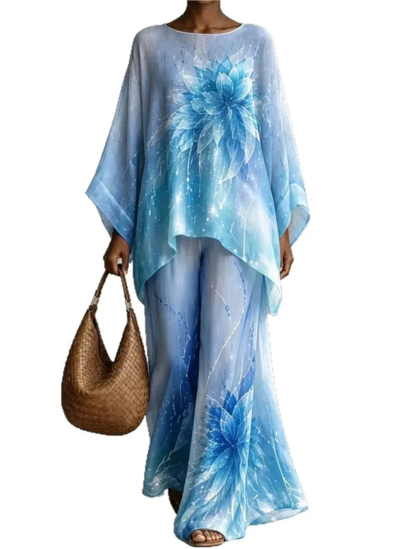 Women 2 Piece Outfit Floral Print Loose Batwing Sleeve Blouse Wide Leg Pants Set Casual Bohemian Vacation Two‑Piece Suit Autumn