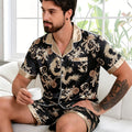 2pcs Men's Geometric Print Pajama Set Stylish Brown Short-Sleeve Shirt with Elastic Waist Shorts Comfortable Polyester Sleepwear