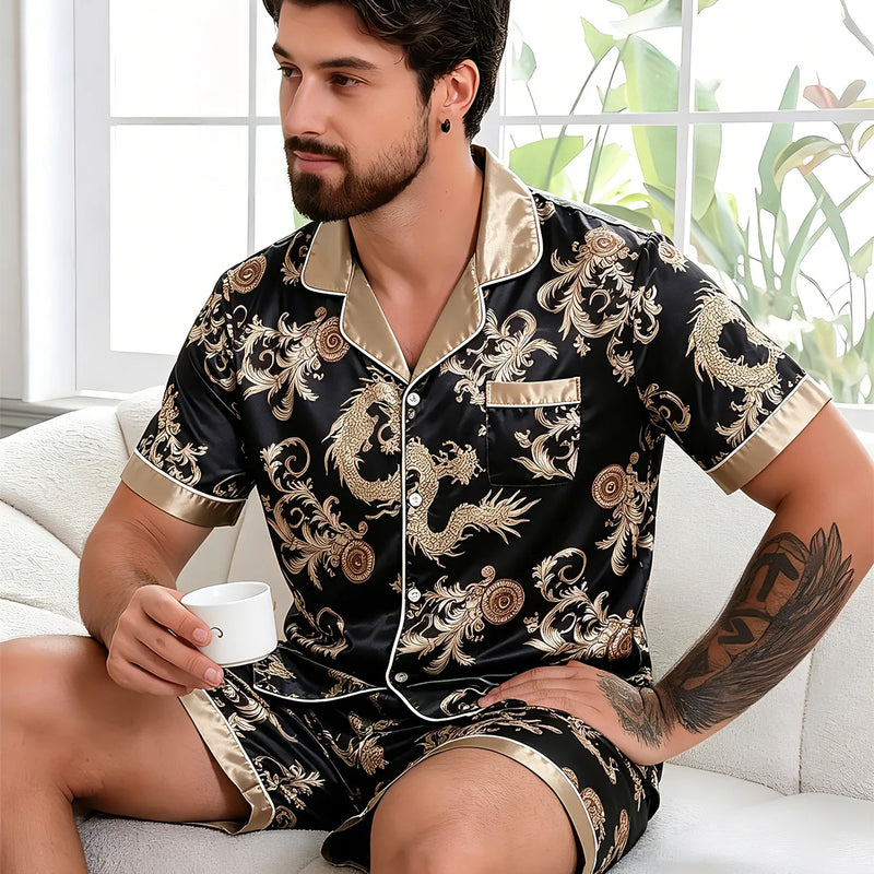 2pcs Men's Geometric Print Pajama Set Stylish Brown Short-Sleeve Shirt with Elastic Waist Shorts Comfortable Polyester Sleepwear