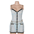 Plus Size Sexy Women Blue Mesh Lace Nightgown Underwire Chemise Babydoll Chain Strap Cut Out Lingerie Dress with Thong XS-2XL