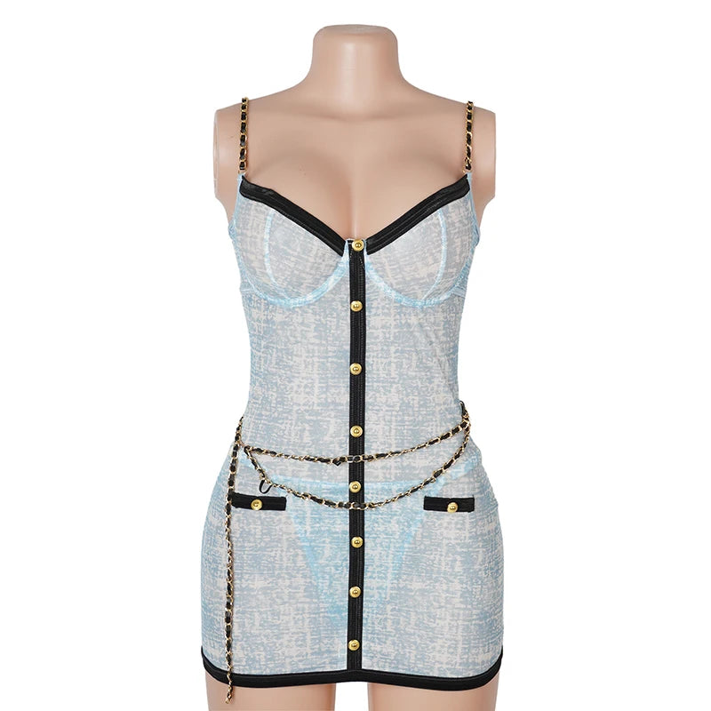 Plus Size Sexy Women Blue Mesh Lace Nightgown Underwire Chemise Babydoll Chain Strap Cut Out Lingerie Dress with Thong XS-2XL