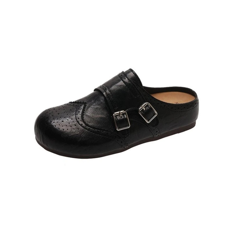 Women Retro Brogue Mule Clogs Round Toe Hollow‑Out Double Buckle Smooth Faux Leather Flat Slippers Spring Autumn Walking Shoes