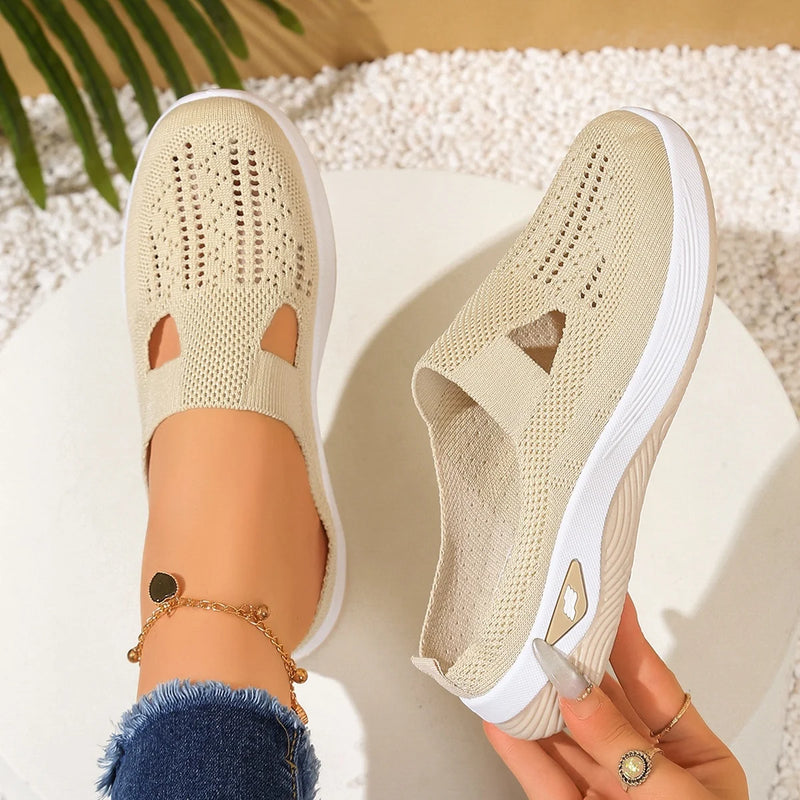 Women's Backless Walking Mules Non-Slip Breathable Knit Slippers for Elderly Ladies Indoor Outdoor Casual Shoes