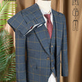High Quality 3 Piece Checkered Suit Set Dark Blue Stylish Business Office Wedding Formal Outfit Elegant Full Man Dinner Suit