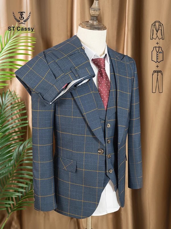 High Quality 3 Piece Checkered Suit Set Dark Blue Stylish Business Office Wedding Formal Outfit Elegant Full Man Dinner Suit