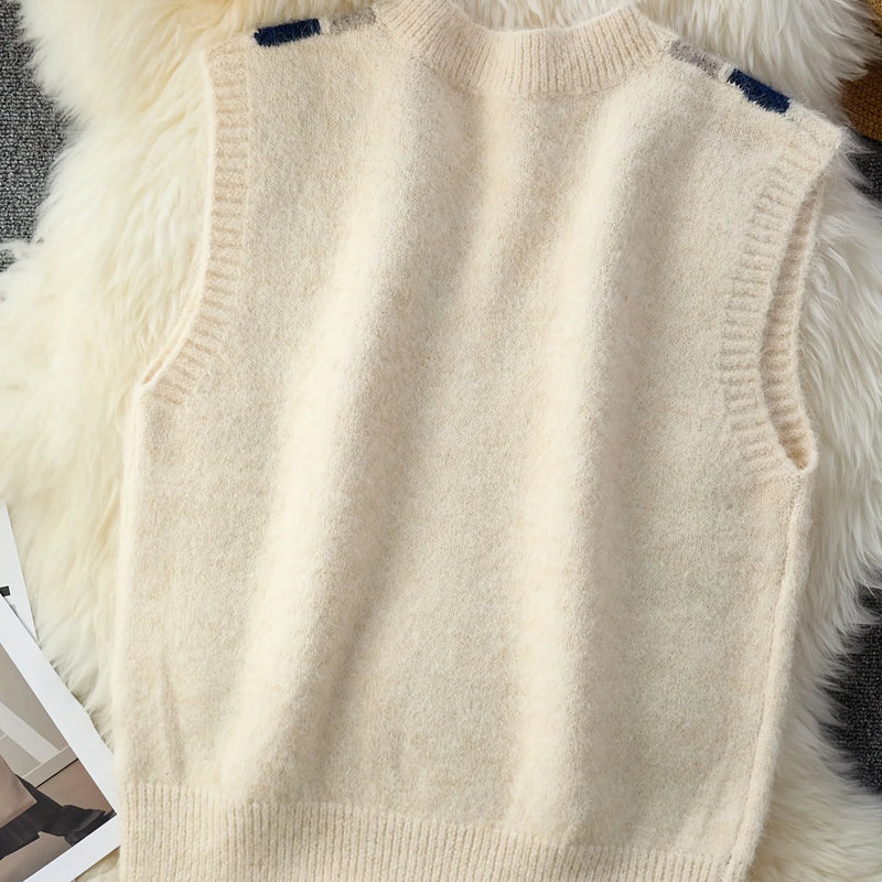 Korean - style Collegiate Layered Gingham V - Neck Knitted - View 2 | SAMAG