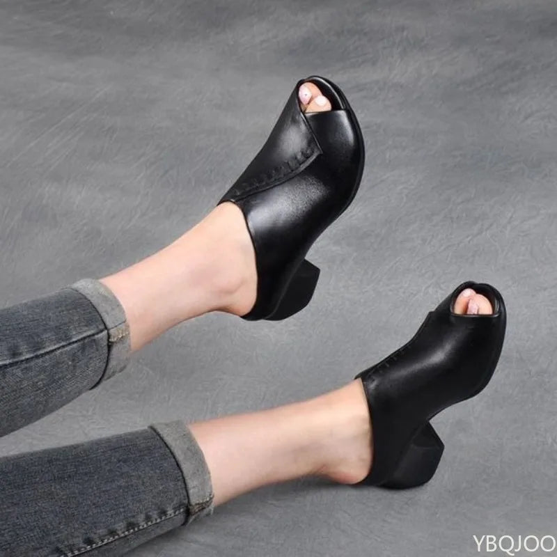 Summer square heel fish mouth slippers for women fashionable versatile height increasing comfortable mid heel women's sandals