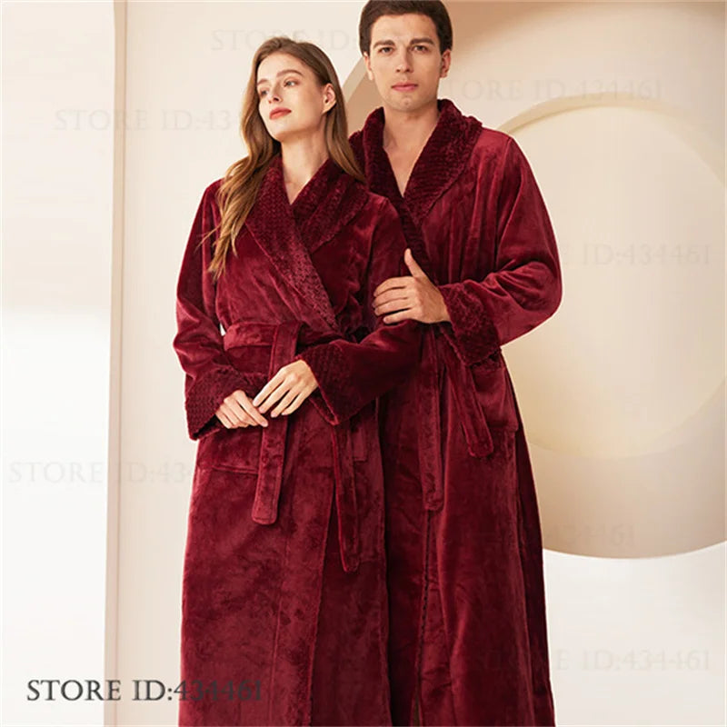 Large Size Flannel Men's Long Robe Kimono Gown Winter Thicken Sleepwear Loungewear Loose Coral Fleece Couple Pajama Home Clothes