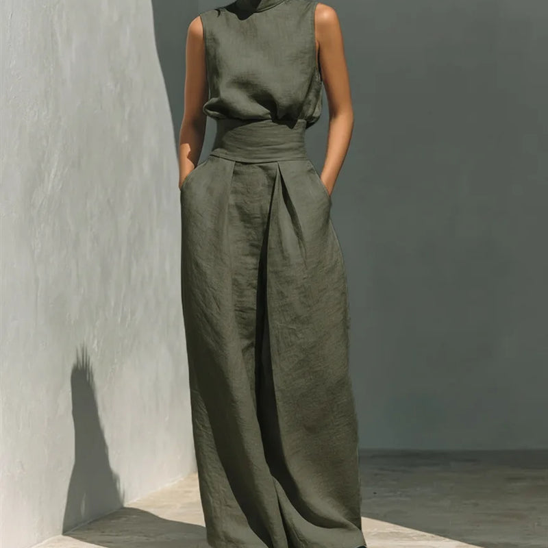 2026 Sleeveless Top+Wide Leg Pants Summer Casual Two-Piece Set Elegant And Loose Office Set High Street Pocket Women's Suits
