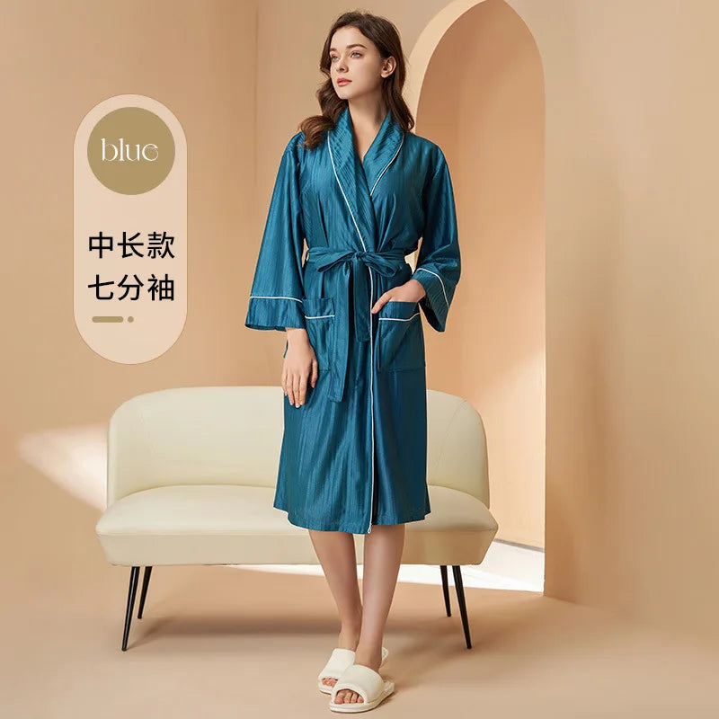New Stripe Couple Bathrobe Cool Thin Spring Autumn Mid-Length Water Absorbent Loungewear Robe Men Women Luxury Home Nightgown