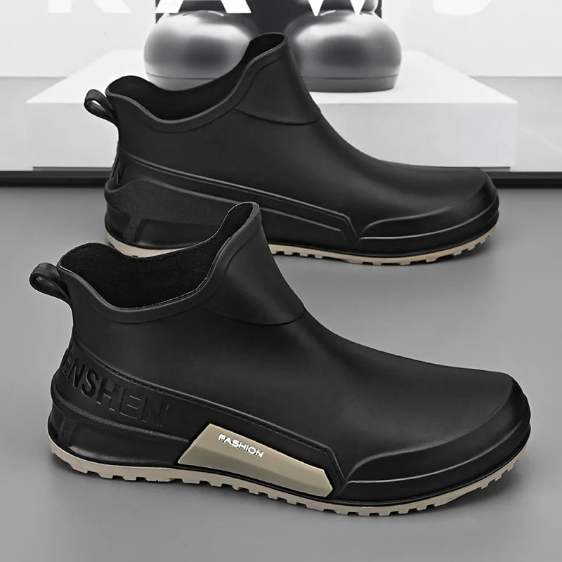 Men's Winter Fleece Lined Short Rain Boots Waterproof Non Slip Work Kitchen Safety Black Rubber Boots Thickened Shoe Bottom