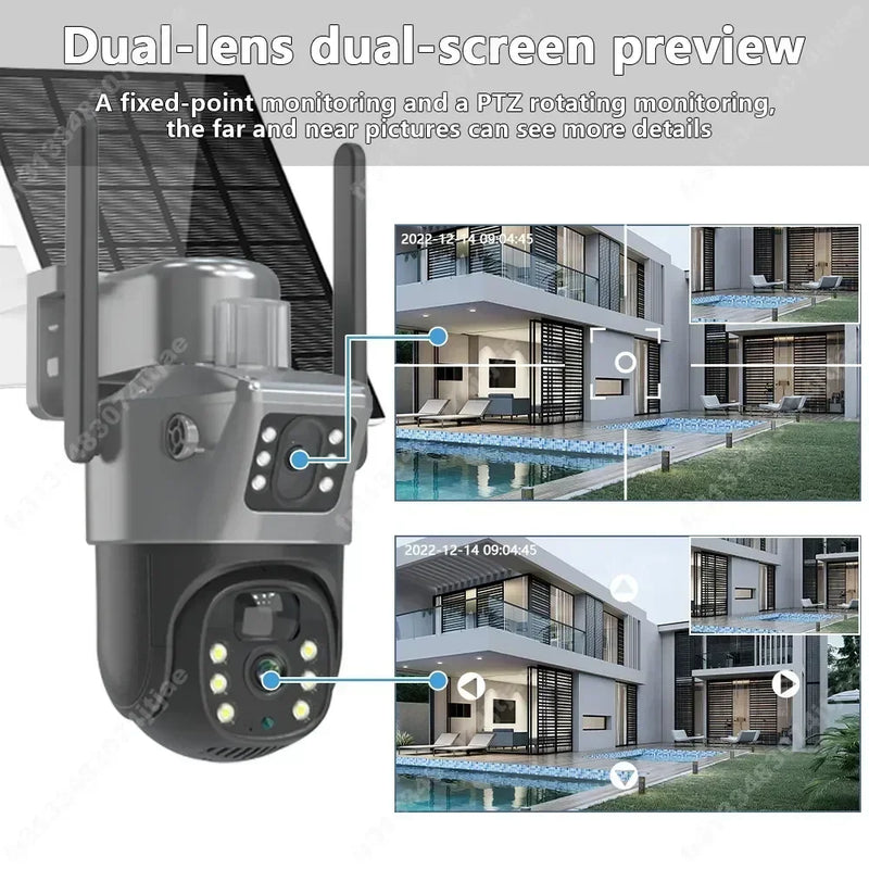 4K 8MP Dual Screen Solar Camera Free 256G memory card Outdoor Wireless WiFi PTZ Dual Lens Security Protection Auto Tracking CCTV