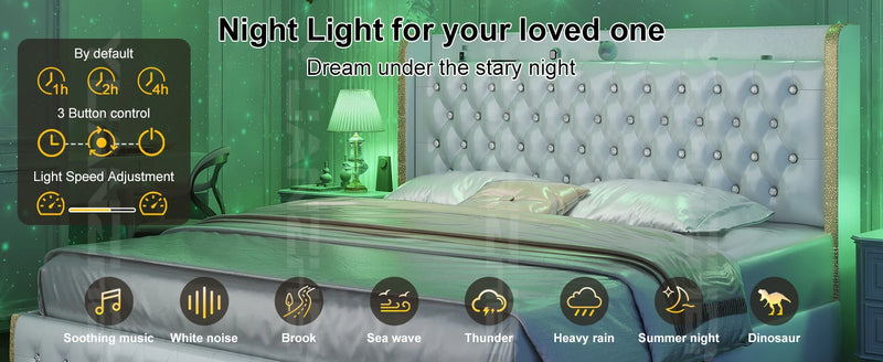 GEGOFORU Queen LED Bed Frame with Galaxy Projector, Bluetooth Speaker, USB Ports, 4 Drawers, No Box Spring Needed, PU Black