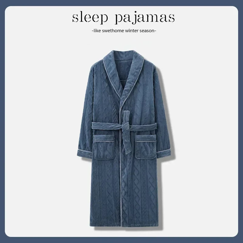 2026 Men's Autumn Winter Flannel Pajama Robes Thickened Warm Lace Up Bath Robes Men Loose Lounge Homewear Coral Fleece Nightgown