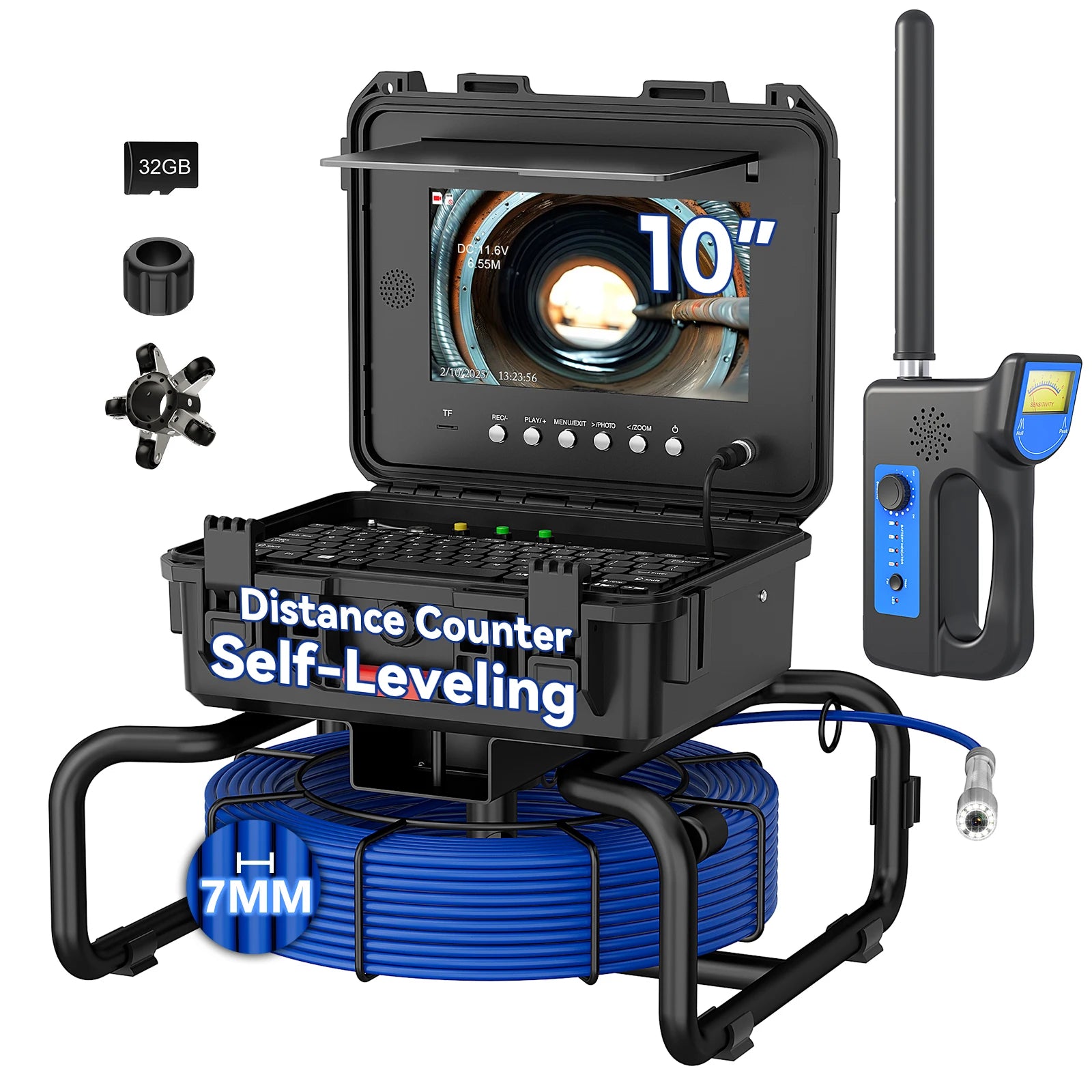 Sewer Pipe Inspection Camera With Keyboard Meter Counter,10" IPS Screen 7mm 512hz Self-Leveling AHD1080P Sewer Drain Borescope