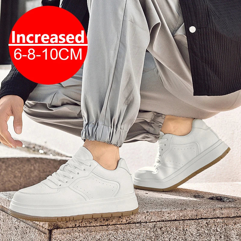 Men's Invisible Height Increasing Elevator Shoes Lace-up Sporty White Sneakers 8/10cm Taller Size Plus Invisible Elevate Shoes
