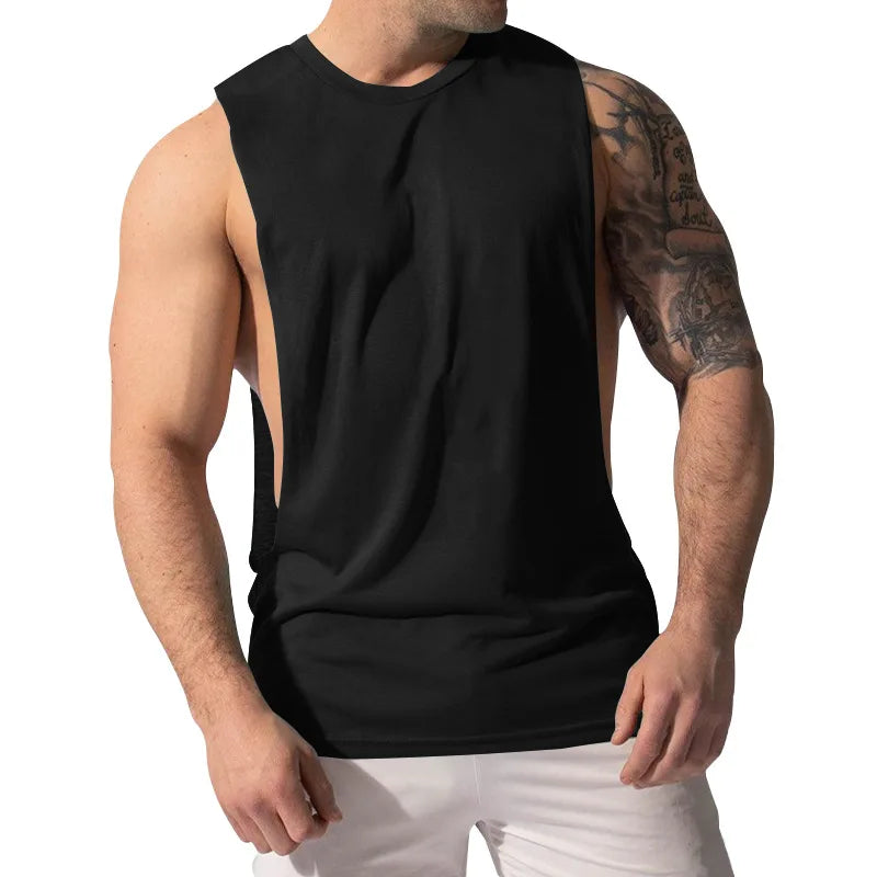 Casual Loose Men Vests Summer O-Neck Sleeveless Male Solid Color Big Side Split Tee Shirts  CBFS-23075