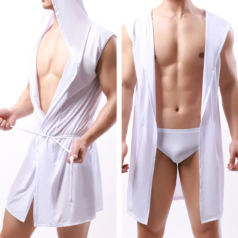 Men Hooded Bathrobes Summer Sleeveless Homewear Silk Pajamas Bathrobe Mens Robes Sleepwear Kimono Dressing Gown with Hood