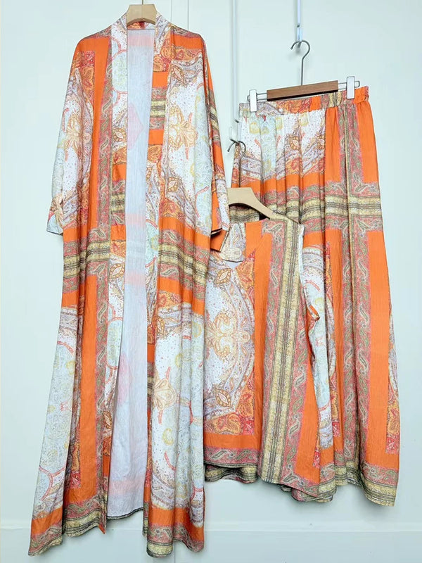 Design retro positioning printed long cardigan+vest three piece set for spring women's clothing+loose pants skirt fashion set