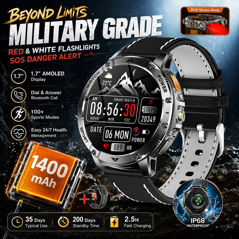 2026 New Military TANK 1400mAh Battery Smart Watch IP68 Waterproof LED Flashlight Heart Rate Sports tracker SOS Smart Watch Men
