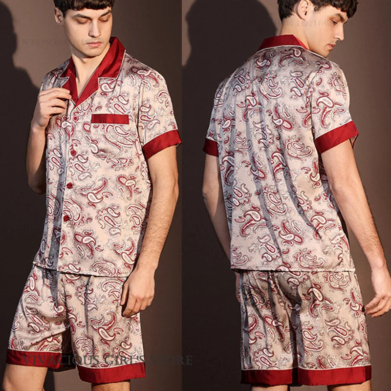New Men's 3PCS Robe Sets Pajama Ice Silk Rayon Kimono Gown Bathrobe Loungewear Loose Print Home Clothes Nightwear Male Sleepwear