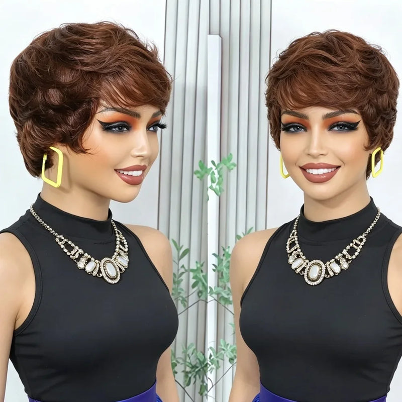 4# Chocolate Brown Pixie Cut Wigs For Ladies Short Layered Real Human Hair With Bangs Professional Machine Crafted Fashion Daily