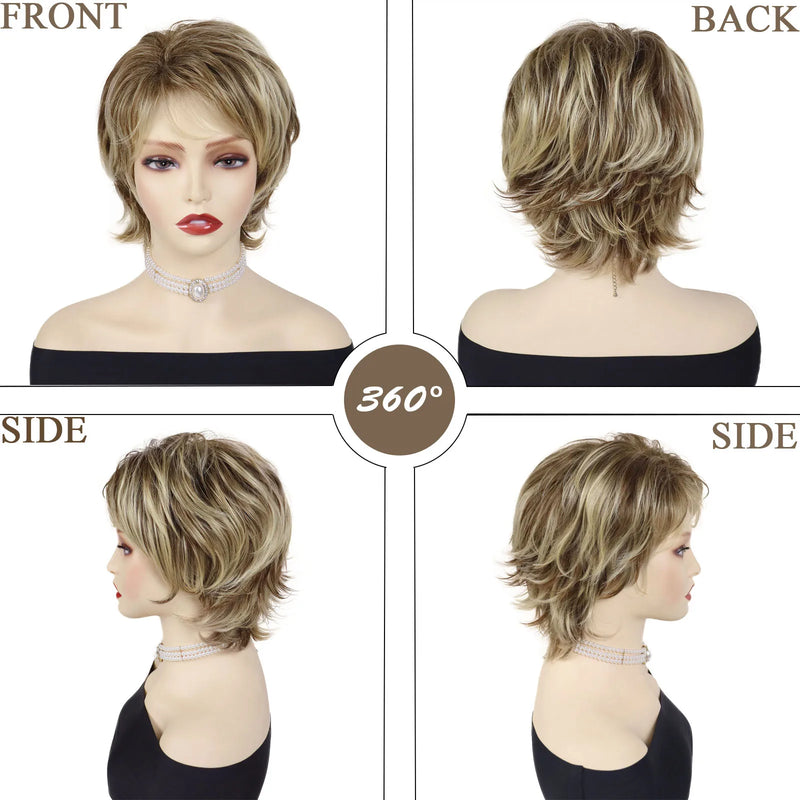 Women's Fashion Short Wigs Natural Synthetic Hair Mixed Blonde Pixie Cut Layered Wig with Bangs Heat Resistant Daily Party Use