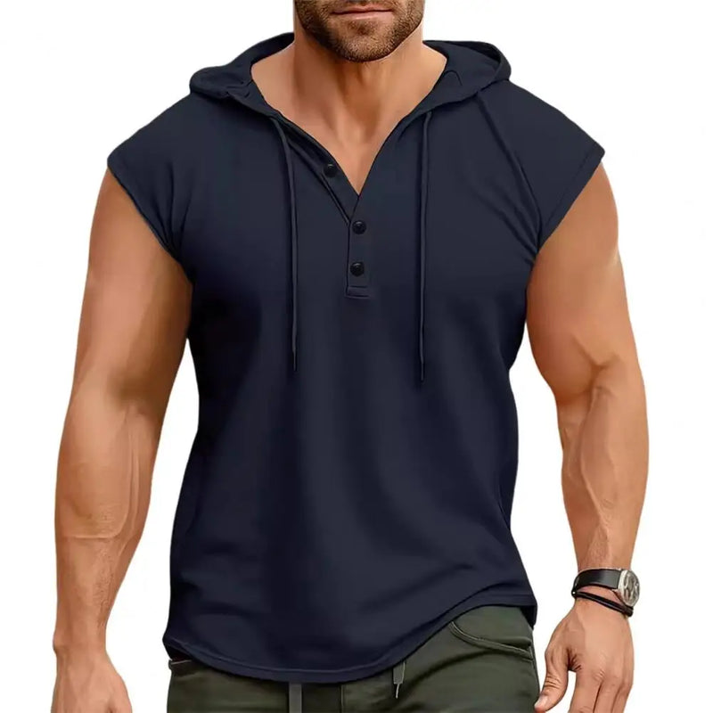 Men Vest Hooded Drawstring Sleeveless Tops Solid Color T-Shirt with Wide Shoulder Straps Button Adjustment Sports Vest