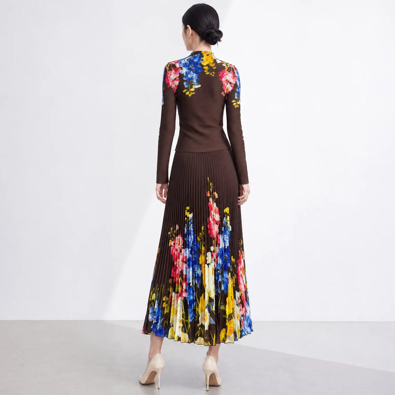 Miyake Flower Print Sets for Women Pleated T-shirt Long Sleeves with A Line Skirts Elegant Clothing 2026 Summer New