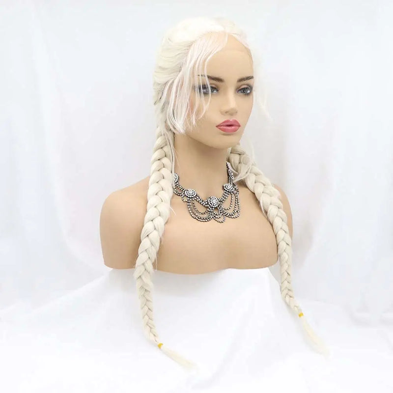 Sylvia Wigs60#Color Platinum Blonde Double Braid Synthetic Blonde Lace Front Braid Wigs  Hair Heat Resistant Fiber Braid