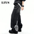 Men's Black Skull Finger Print Baggy Wide Leg Jeans | SAMAG