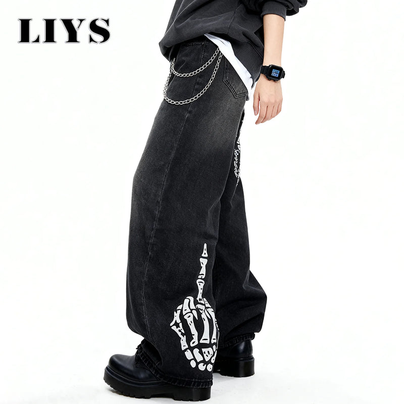 Men's Black Skull Finger Print Baggy Wide Leg Jeans | SAMAG