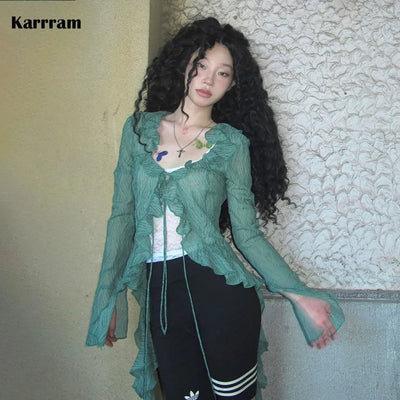 Karrram Japanese Y2k Lace Shirt Vintage 2000s Style | SAMAG
