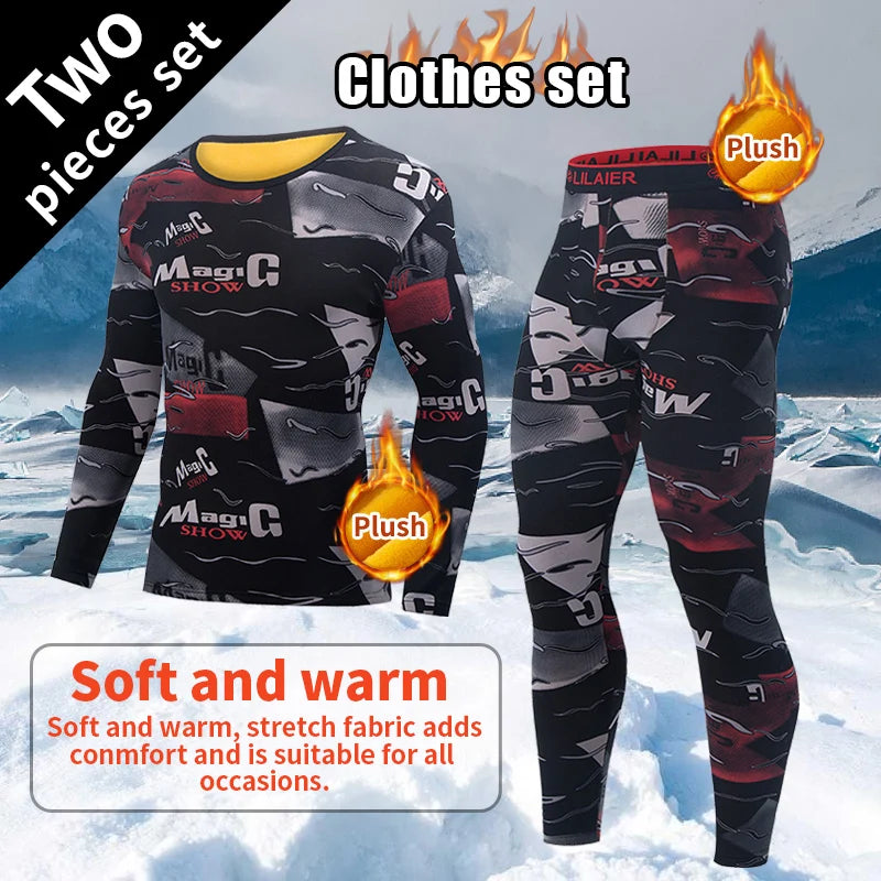 2-piece Autumn/Winter Men's Velvet and Velvet Fashion Printed Warm Underwear Set Comfortable Large Gold Velvet Warm Home Clothes