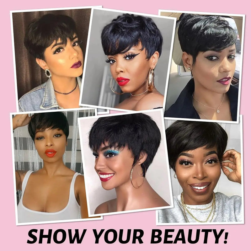 PIxie Cut Wigs for Black Women Human Hair Short Bob Wig Human Hair Wigs with Bangs Layered Style Bob Wigs for Women Machine