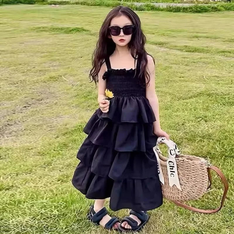 Girls Layers Slip Dress Summer Children Sling Long Gown Kids Fashion Birthday Party Vestidos New Teenager Casual Clothing
