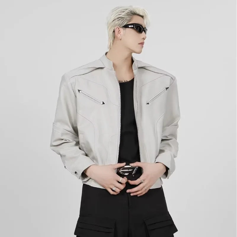 American Fashion Stand Collar Zipper Leather Jacket High Street Motorcycle Clothing Men's Casual Loose Fashionable Cardigan Top