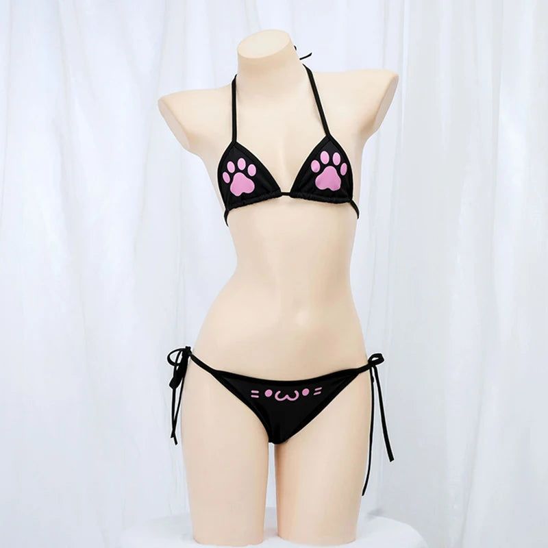 Japanese Anime Kawaii Girl Cute Cat Paw Bikini Swimsuit Women Claw Pattern Three Point Underwear Set Bra Panties Costume Cosplay