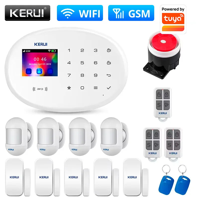 KERUI Home Security Protection WIFI GSM Alarm System Kit Works with Tuya Support Alexa with Door Opening Sensor Motion Detector