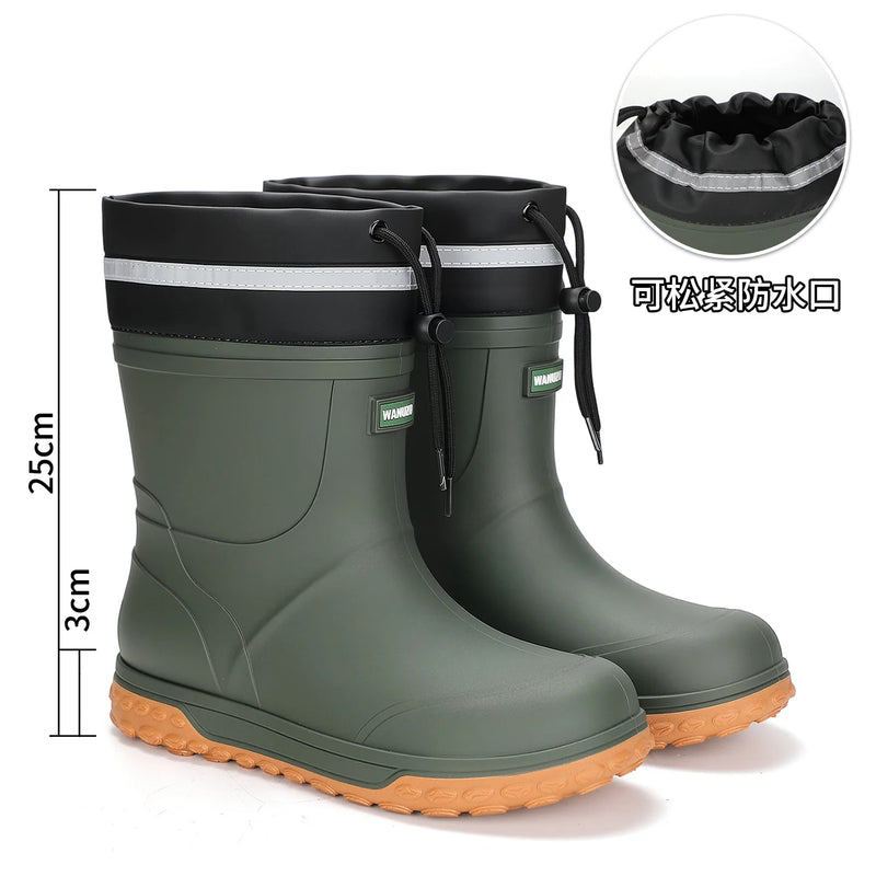 Men's Fashion Rain Boots High Quality Anti-Slip Waterproof Shoes Thick Bottom Wear-Resistant Outdoor Drawstring Work Rubber Shoe