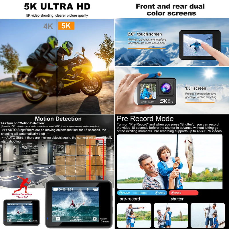 Action Camera 5K 4K60FPS  50MP 2" Touch Dual Screen 5X Zoom Wi-Fi EIS  170° DVR Webcam Wireless Mic 30M Waterproof Sport Camera