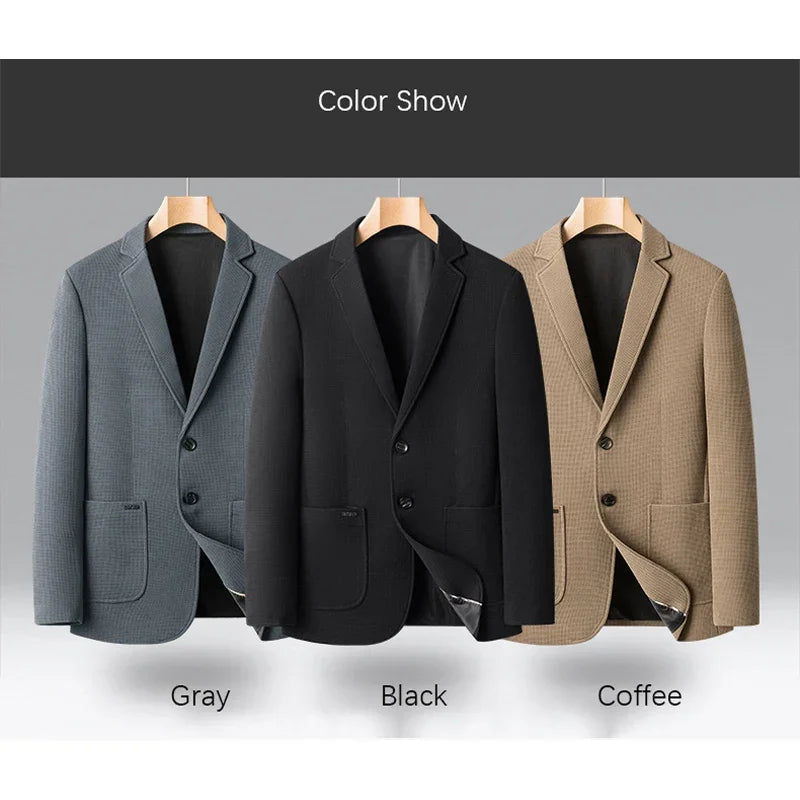 BROWON Brand Men Waffle Texture Blazer Two Buttons Notched Lapel Stretch Casual Suit Jacket Light Business - View 3 | SAMAG