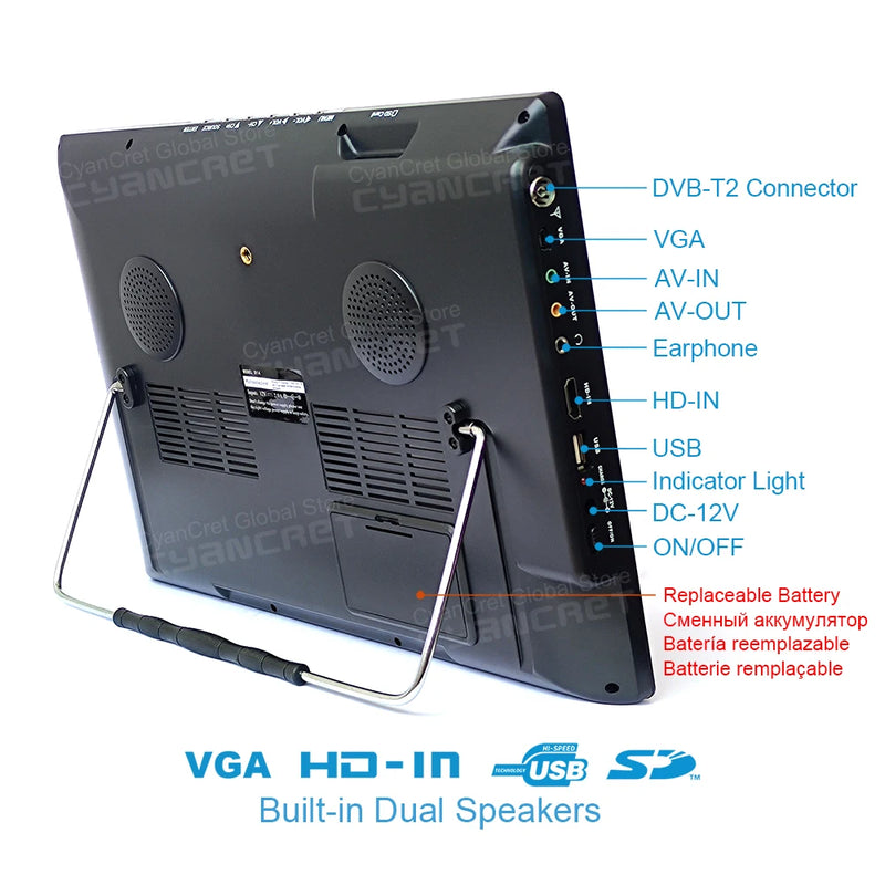 LEADSTAR D14 14" Portable TV DVB-T2 TDT ATSC ISDB-T Analog Mini Small Car Television Without Battery Support HD-IN H.265 AC3