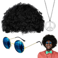 Men Synthetic Wig Hat Curly Hair Cap Sunglasses Necklace 3 PCS Set Funny 70s Disco Hippie Hair Props Party Hip Hop Dance Costume
