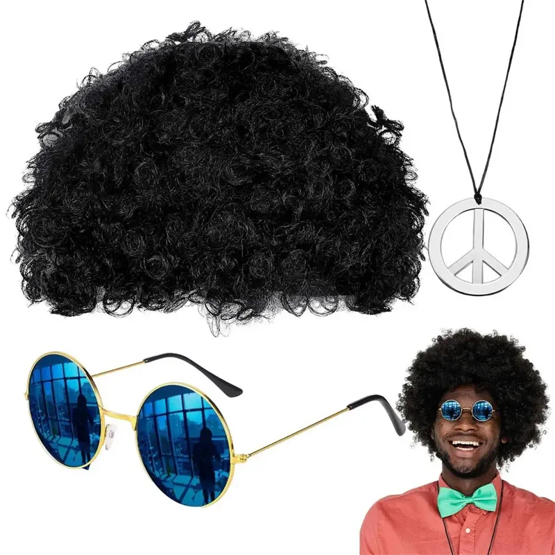 Men Synthetic Wig Hat Curly Hair Cap Sunglasses Necklace 3 PCS Set Funny 70s Disco Hippie Hair Props Party Hip Hop Dance Costume