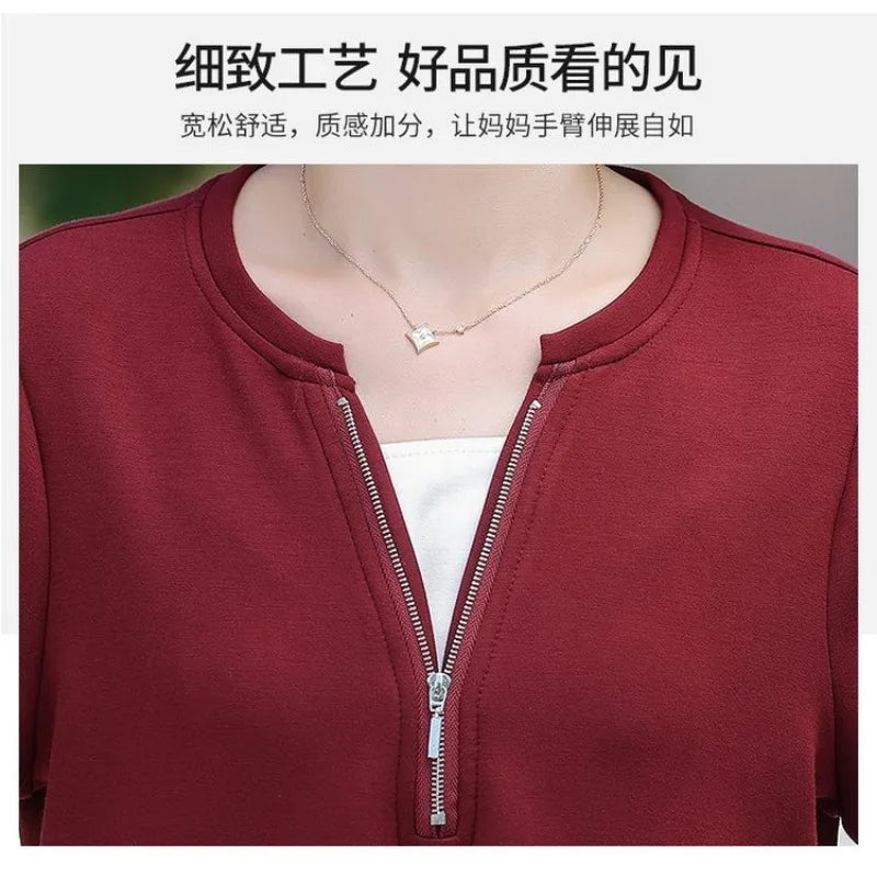 Women Spring Autumn Two Piece Set Middle Aged Mom Half Zipper Sweatshirt Loose Wide Leg Pants Casual Outfit