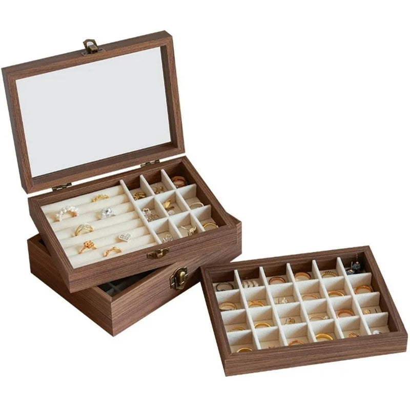 Retro Elegant Wood Jewelry Box Glass Lid Dust-proof Jewelry Organizer Velvet Storage Box Ring Display Holder Desk