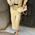 Elegant Pu Leather Jacket Skirt Suit Women Solid Full Sleeve Lapel Single Breasted Jackets Long Split Skirts Fashion Autumn Set