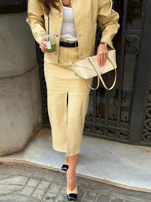 Elegant Pu Leather Jacket Skirt Suit Women Solid Full Sleeve Lapel Single Breasted Jackets Long Split Skirts Fashion Autumn Set